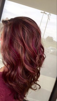 Red And Purple Lowlights In Brown Hair, Burgundy And Light Brown Hair, Wine Colored Hair With Highlights, Fuschia Highlights Brown Hair, Vivid Lowlights, Light Brown And Burgundy Hair, Ash Brown With Red Highlights, Purple Highlights In Red Hair, Deep Red Hair With Highlights