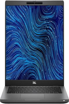 the dell laptop is open and ready to be used on its own surface, with blue swirl