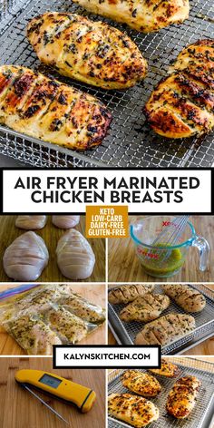 "Pinterest Image of AIR FRYER MARINATED CHICKEN BREASTS showing chicken cooked on air fryer basket tray and various images of chicken in different stages of preparation." Easy Chicken Marinade For Air Fryer, Chicken Marinades For Air Fryer, Air Fryer Marinated Chicken Breast, Chicken Marinade Air Fryer, Marinated Chicken Air Fryer, Italian Marinade For Chicken, Moist Chicken Breast, Easy Chicken Marinade, Delicious Chicken Dinners