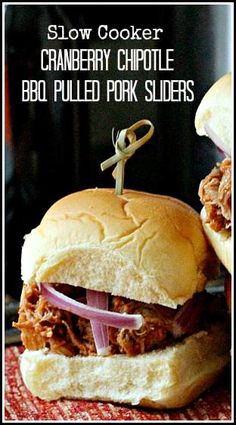 two pulled pork sliders with cranberry chipotie bbq sauce