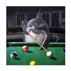 a painting of a shark playing pool