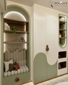 a room with green and white furniture in it's walls, along with bookshelves