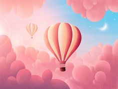 two hot air balloons flying in the sky with clouds and stars above them, as if they were floating