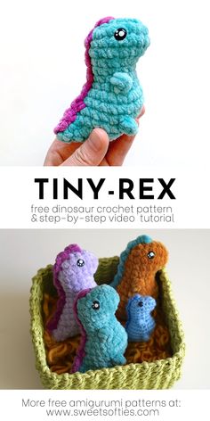 the tiny crocheted toy is in a basket with four small stuffed animals inside