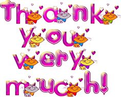 the words thank you very much are written in pink and purple letters with cats on them