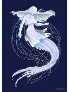 an illustration of a white jellyfish with long, wavy hair and wings floating in the air