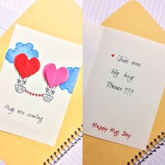 two valentine's day cards with hearts attached to them on top of yellow envelopes