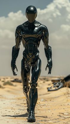 a robot walking across a sandy field