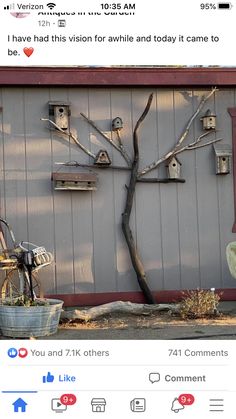 a facebook post with an image of a tree made out of birdhouses on the side of a building