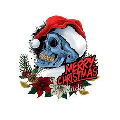 a skull wearing a santa hat with christmas decorations around it's neck and the words merry christmas written in red