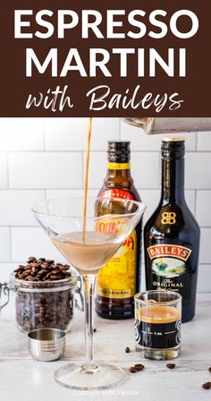 espresso martini with bailey's liquer and coffee beans on the side