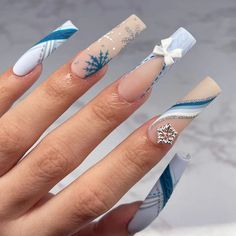 Snowflake Bowknot Sweater Pattern Christmas Blue French Long Fake Nails Detachable Finished False Frozen Theme Nails, Blue And White Christmas Nails, Christmas Nail Inspo, Long Fake Nails, Blue Christmas Nails, French Press On Nails, 3d Snowflake, Ballet Nails, Nails 3d