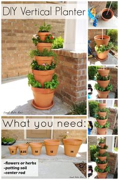 the instructions for how to make a vertical planter with clay pots and plastic liners