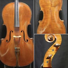 four different views of an old violin, including the back and side of the cello