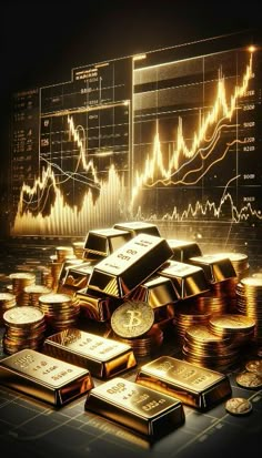 stacks of gold bars and coins in front of a stock chart