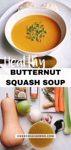 a bowl of butternut squash soup with carrots and celery on the side