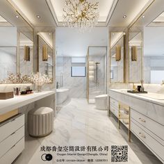 the bathroom is decorated in white marble with gold accents and chandelier hanging from the ceiling