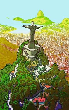 an image of the statue of christ on top of a hill with trees and buildings in the background