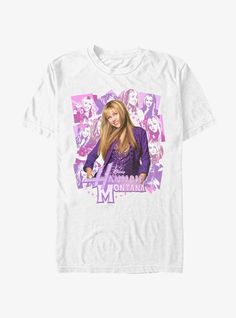 a white t - shirt with an image of a woman in purple on the front