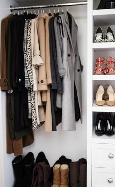 an organized closet with shoes and coats