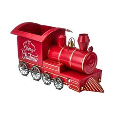 a red toy train is shown on a white background with the words merry christmas written on it