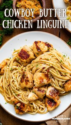 a white plate topped with chicken and pasta