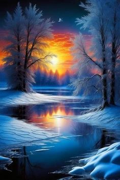 a painting of snow covered trees and water at sunset