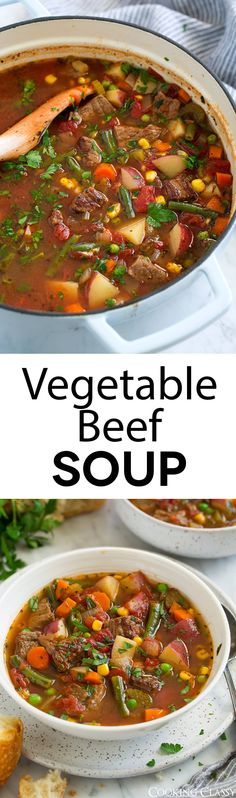 vegetable beef soup in a white bowl with bread on the side