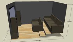 a drawing of a living room with couches and coffee tables in the corner area