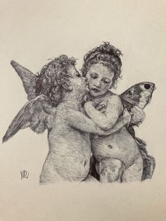 a pencil drawing of two women hugging each other with wings on their back and one holding a bird