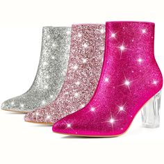 Hustle back to the disco era in this pointed-toe glitter boot lofted by a danceable heel. Sparkling gold and silver glitter give a celebratory vibe to this pretty ankle boot made with zip pull-tabs on the side. With a side zipper, these boots allow you to wear them on and off easily. The glitter design makes you stand out in the crowd. It can pair well with jeans and dresses. High Heel Party Boots With Glitter Accents, Glitter Boots With Pointed Toe For Party, Party Glitter Boots With Pointed Toe, Glitter Pointed Toe Party Boots, Glamorous Glitter Heels For Winter, Glitter High Heels For Winter, Sparkling Boots For Party And Holiday, Glamorous Party Boots With Glitter Accents, Sparkling Heels For Winter Party