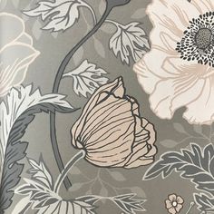 an image of a floral wallpaper with white and gray flowers on grey grounding