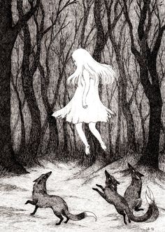 a girl is flying through the air above two foxes in a forest with trees and branches