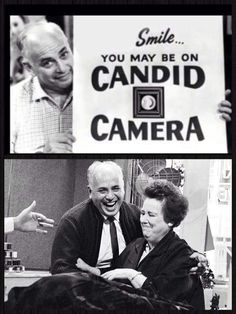 an old man and woman sitting next to each other in front of a sign that says smile you may be on candid camera