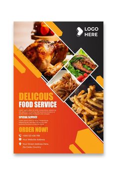 a flyer for a food service with pictures of different foods and vegetables on the side