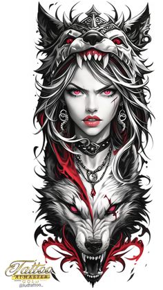 a drawing of a woman with wolf's head on her chest and red eyes