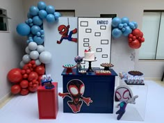 a spiderman themed birthday party with balloons