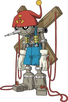 a robot with a red hat and blue overalls standing next to a piece of wood