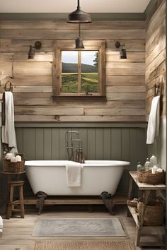 a bathroom with wood paneling and a claw foot tub