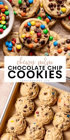 chocolate chip cookies with m & m candy in the middle and text overlay that reads cherry muffin chocolate chip cookies