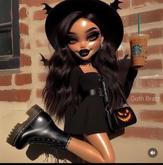 a doll is holding a drink in her hand and wearing a witches outfit with black boots