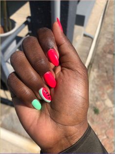 #Watermelonnails #darkskinnails #summernails #nailartideas #brightcolours Short Nail Inspo Non Acrylic, Beach Ball Nails Designs, Watermelon Ombre Nails, Red Watermelon Nails, Watermelon Design Nails, Watermelon Inspired Nails, Watermelon Short Nails, Neon Watermelon Nails, Watermelon Colored Nails