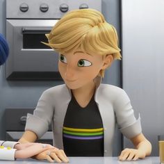 two cartoon characters sitting at a table in front of a stove top oven, one with blonde hair and the other with green eyes