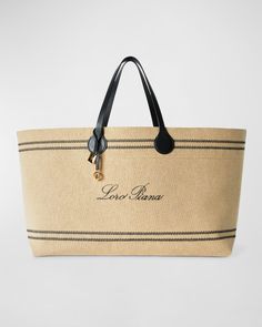 Loro Piana "Tasman" canvas tote bag in cotton and polyester     Two carry handles     Logo charms     Wipe clean    Lining: Cotton    Trim: Leather    Made in Italy Canvas And Leather Tote Bag, Luxury Canvas Bag, Luxury Canvas Tote Bag, Large Canvas Bag, Lora Piana Bag, Designer Beach Bags, Bag Astethic, Loro Piana Bag, Designer Travel Bags