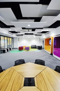 an empty conference room with tables and chairs