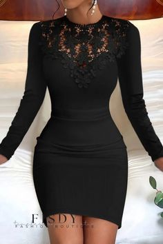 Fisdy - Elegantes Vestidos de Manga Larga con Cuello en O Ahuecado Lace Bodycon Dress Long Sleeve, Black Bodycon Dress Long Sleeve, Outfit For Women, Long Sleeve Wrap Dress, Lace Bodycon, Body Con Dress, Bodycon Dress Parties, Crewneck Dress, Bodycon Dresses