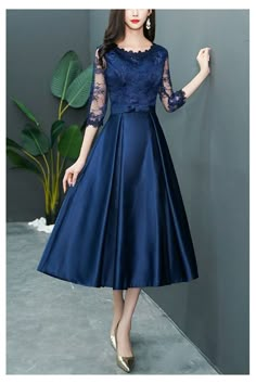 Shop elegant navy blue satin homecoming dress with lace 3/4 sleeves online. Sheprom offers formal, party, casual & more style dresses to fit your special occasions. Navy Blue Modest Dress, Blue Dress Formal Classy, Mom Dress Classy, Blue Gowns Elegant, Navy Blue Dress Outfit Wedding, Blue Dinner Dress, Blue Satin Homecoming Dress, Classy Blue Dress, Navy Blue Dress Outfit