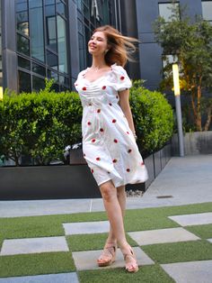 "Free Shipping! Fast shipping from USA! Millennials In Motion's strawberry dress is perfect for a romantic summer day. Inspired by cottagecore and Vogue's article \"How did the Strawberry dress get so popular?\" Millennials In Motion was recently featured on CNBC - our motto is to empower women to survive & thrive. - Strawberries are knitted into the dress for a beautiful pop-up look - Has a center bust tie - Soft fabric blend is soft and comfortable in the inside - Perfect as a trendy gift Strawberry Print Dress, Kawaii Fruit, Strawberry Dress, Strawberry Print, Midi Dress Summer, Fruit Pattern, Going Out Dresses, Women Empowerment, Boho Outfits