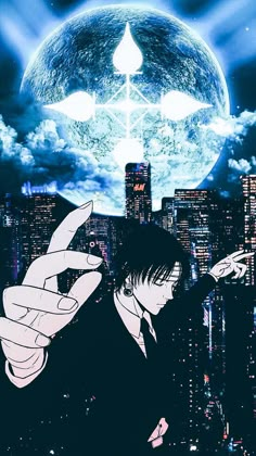 an anime scene with a man pointing at the sky in front of a cityscape