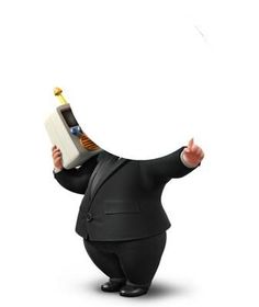 a man in a suit is holding a briefcase and pointing at something on his head